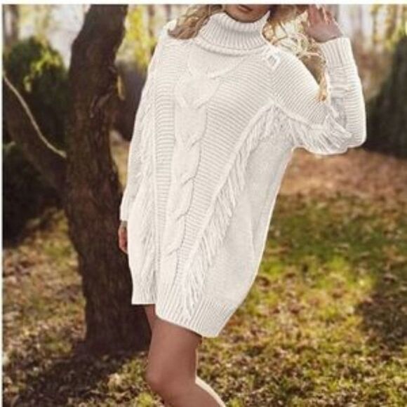 New Turtleneck Oversized Cable Knit Fringed Sweater Dress In Beige White - Picture 1 of 4
